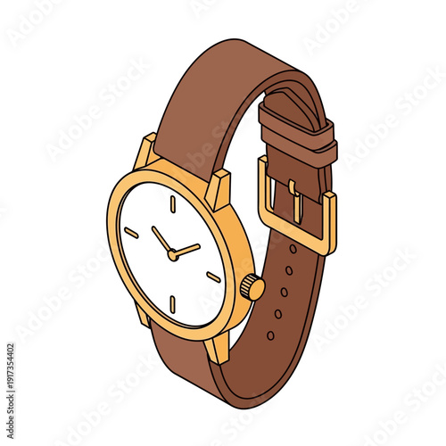 Illustration of a gold wristwatch with brown leather strap.
