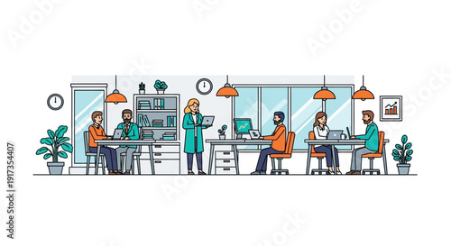 Diverse team collaborating in a modern office environment with laptops and plants