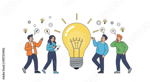 Diverse Team Brainstorming Ideas Around a Large Glowing Light Bulb