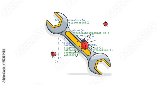 Cartoon illustration of a wrench and bugs on code