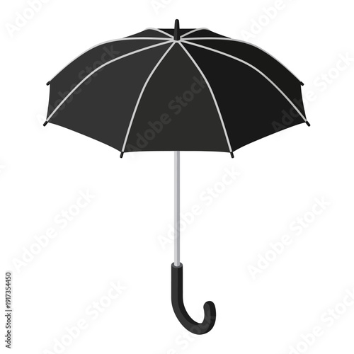 Black umbrella with white ribs and curved handle on white background.