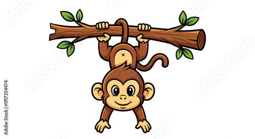 Cartoon Monkey Hanging Upside Down from Branch