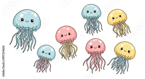 Collection of Cute Cartoon Jellyfish with Various Colors and Smiling Faces