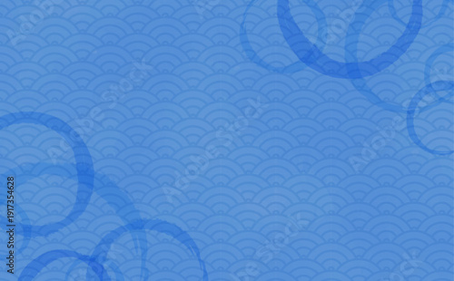 涼しげな水面と和柄の青色背景_横