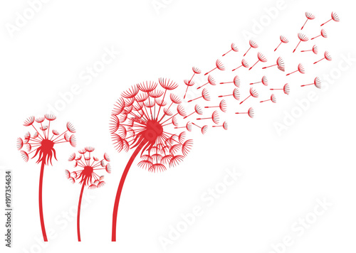 Red line art dandelion set featuring flying seeds for nature designs