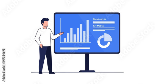 Man Presenting Data Analysis on a Blue Screen Display