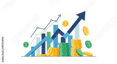 Financial growth chart with an upward arrow, bar graph, and stacks of gold and green coins.
