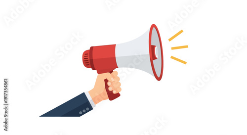 Flat design hand holding red and white megaphone with sound waves