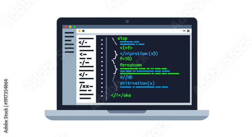 Flat design laptop displaying programming code on dark screen