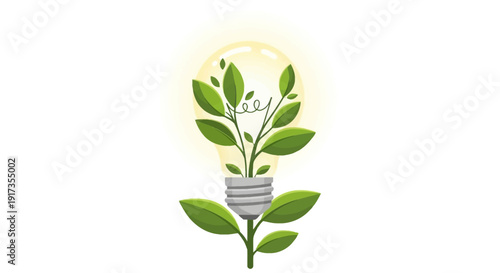 Glowing light bulb with green plant, symbolizing eco-friendly energy and sustainable ideas.