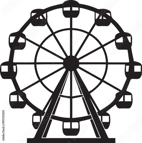 Ferris wheel vector illustration in solid black silhouette style. Amusement park ride with passenger gondolas, isolated on a white background.