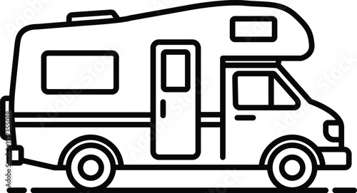 A black and white line drawing of a camper van