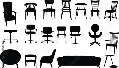 Assortment of Black Silhouette Chairs and Sofa Icons Keywords: chair, sofa, furniture, interior, design, seating, office chair
