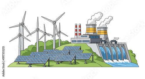 Diverse Energy Sources: Wind Turbines, Solar Panels, Hydro Dam, and Power Plant