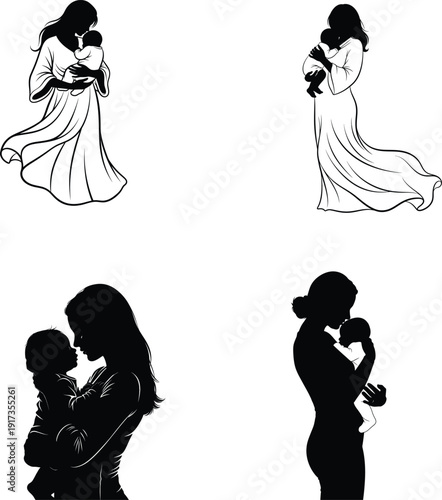 Mother's day illustrations of mothers and children together