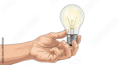 Illustrated human hand holding a classic glowing incandescent light bulb.