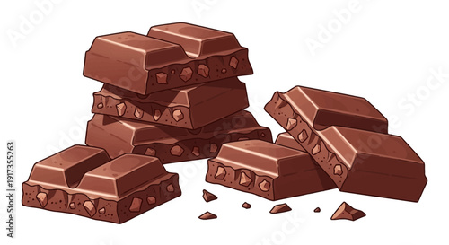 Illustrated stack of broken milk chocolate pieces with crunchy nuts and crumbs.