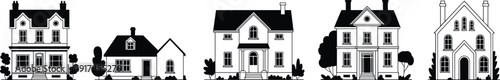 Black And White Silhouettes Of Five Different Architectural House Styles On A White Background Keywords: house, home, building