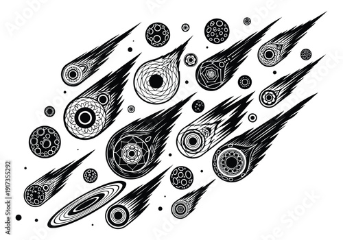 Hand drawn line art celestial bodies set featuring stylized meteors and planets for space design
