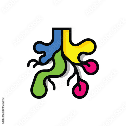 A colorful, abstract illustration of human lungs with trachea and bronchi, viewed from the front, showcasing a simplified anatomical representation in a graphic style