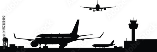 Airport Scene Silhouette with Airplanes and Control Tower on White Background Keywords: airport, airplane, aircraft, jet