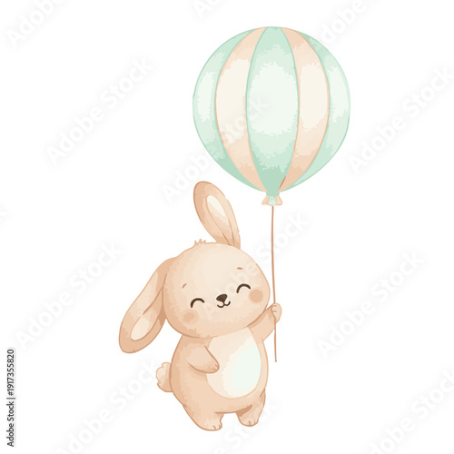 Canvas-taulu Cute watercolor bunny holding a pastel balloon adorable illustration
