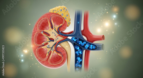 Detailed anatomical cross section of a human kidney with vessels and an adrenal gland