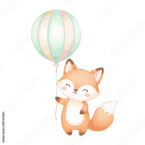 Cute Watercolor Fox Holding a Striped Balloon.