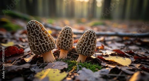 Wallpaper Mural Three morel mushrooms with textured caps stand amidst fallen leaves in a sunlit forest Torontodigital.ca