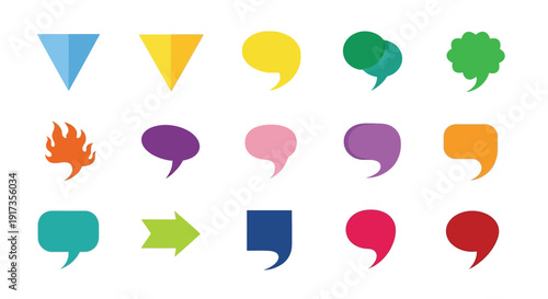 Collection of colorful speech bubble icons and graphic elements representing various forms of communication and dialogue in design