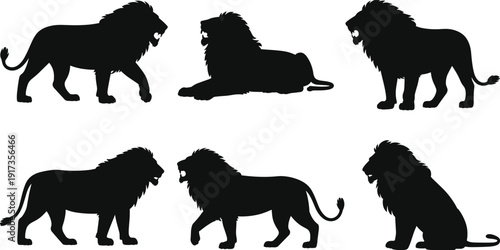 Lion Silhouette Vector Collection with Walking, Standing and Sitting Poses Isolated on White Background Wildlife Illustration Set