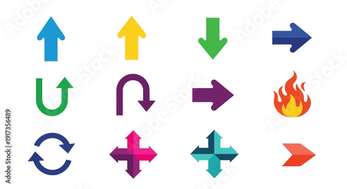 Assortment of colorful directional arrow icons and a flame symbol representing navigation choice and trending content