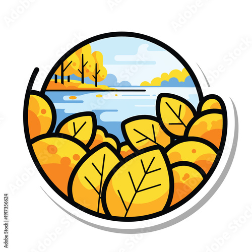 An autumnal scene viewed through a circular frame showcasing leaves, trees, and a serene lake on a sunny day