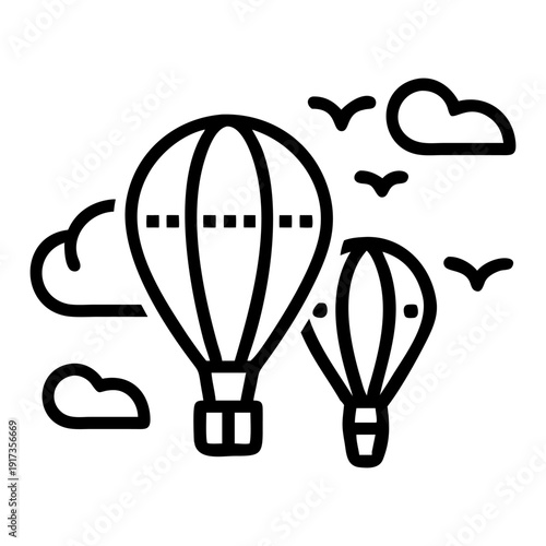 Two hot air balloons float among stylized clouds and small birds, represented by a clean, black outline graphic suitable for interface design.