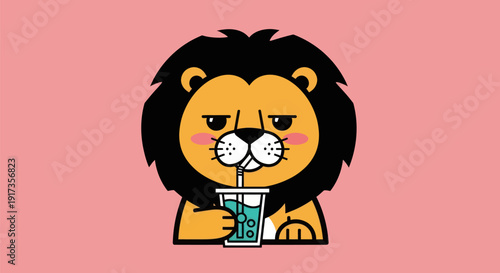 Lion cartoon drinking beverage on pink