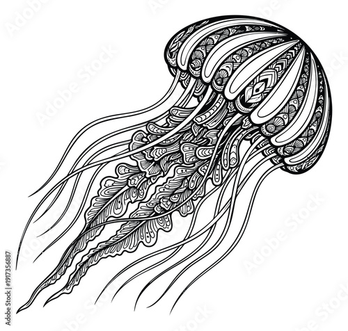 Ornamental line art illustration of a jellyfish depicting intricate patterns for ocean themed design
