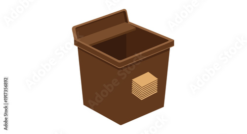 Isometric illustration of a brown compost bin featuring a small graphic symbol indicating accepted paper waste for organic recycling collection