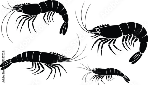Shrimp Silhouette Collection with Prawn and Lobster Style Seafood Isolated on White Background Marine Vector Illustration Set