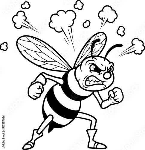 Angry Cartoon Bee Character Showing Aggressive Expression in Black and White Illustration