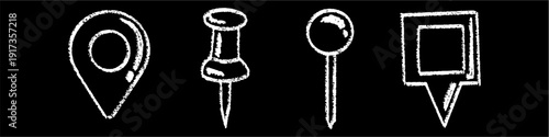Set editable chalk drawing pin location icon vector for geography classes. Ideal for map lessons, travel plans, and school navigation themes. Symbolizes finding places and marking spots.