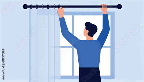 Person adjusting curtains on a curtain rod