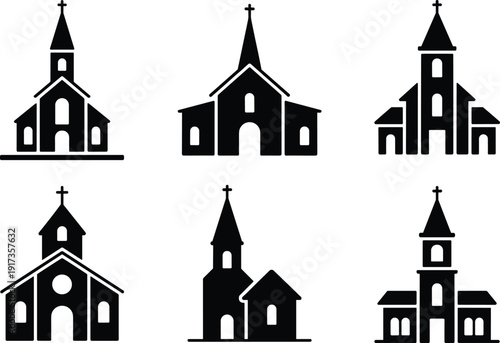 Collection of six black and white church icons with steeples and crosses Keywords: church, chapel, building, icon, symbol
