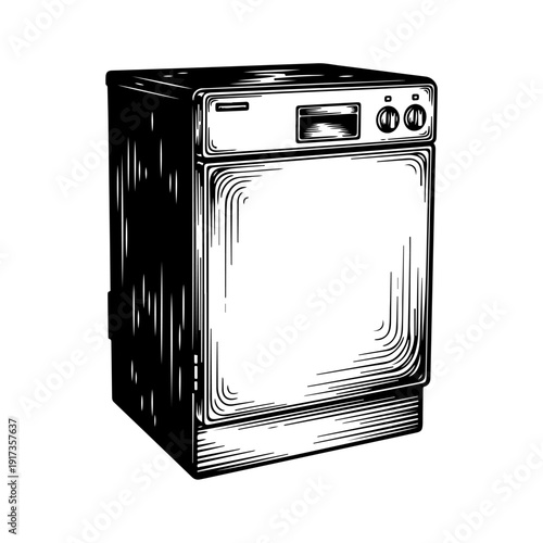 Vintage Dishwasher Illustration in Black and White.