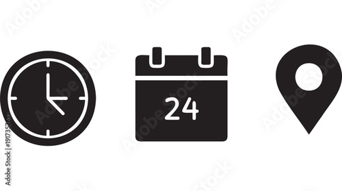 Time, date, and location glyph icon collection. Includes a clock, a calendar with the number 24, and a map pin symbol. Created in a solid black fill style with a monochrome palette.