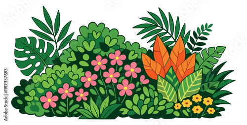 Colorful cartoon jungle plants set featuring lush leaves and vibrant flowers for summer or botanical designs