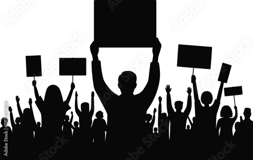 Crowd of Silhouetted People Holding Blank Signs in Protest demonstration rally