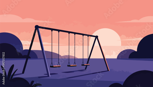 Minimalist swing set against a sunset sky with rolling hills
