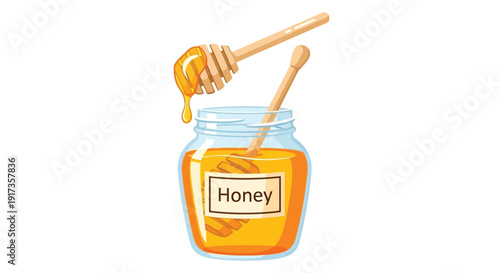 Cartoon illustration depicts a clear glass jar filled with golden honey featuring a label and two wooden dippers ready for serving.