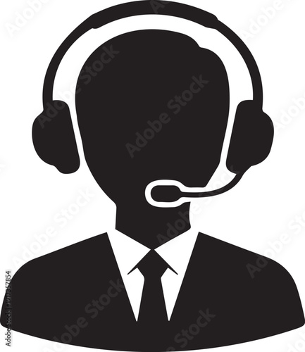 Customer service agent silhouette icon. This vector illustration depicts a person wearing a headset with a microphone, representing support, communication, and call center roles