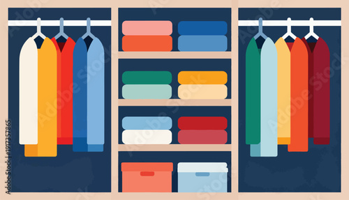 Organized closet with neatly folded clothes and garments on hangers